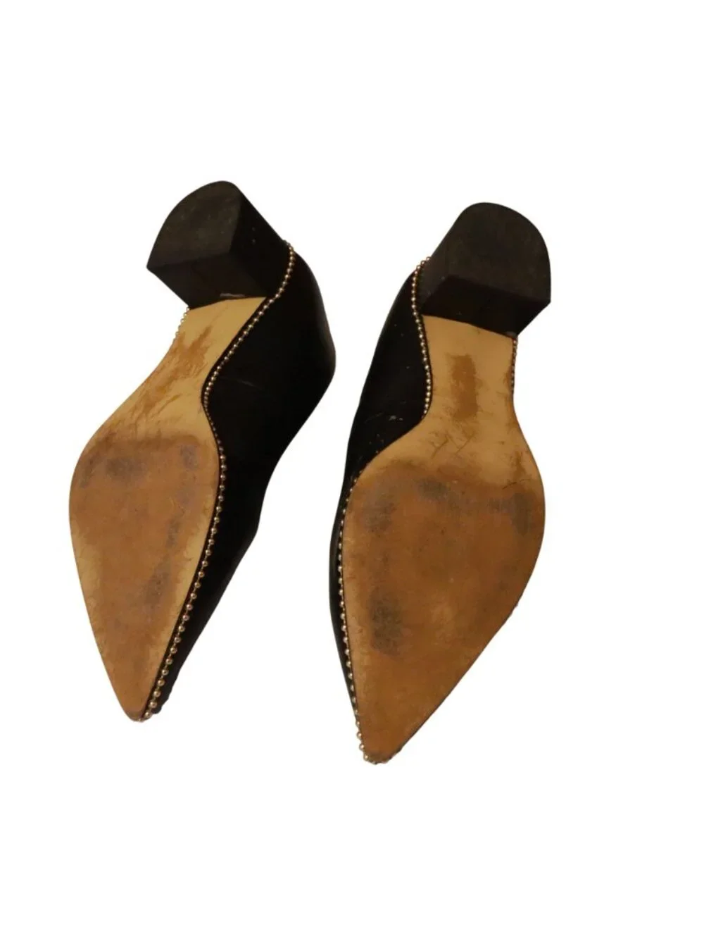 Coach Black Leather Gold Bead Trim Pointed Toe Flats Pumps Dress Shoes